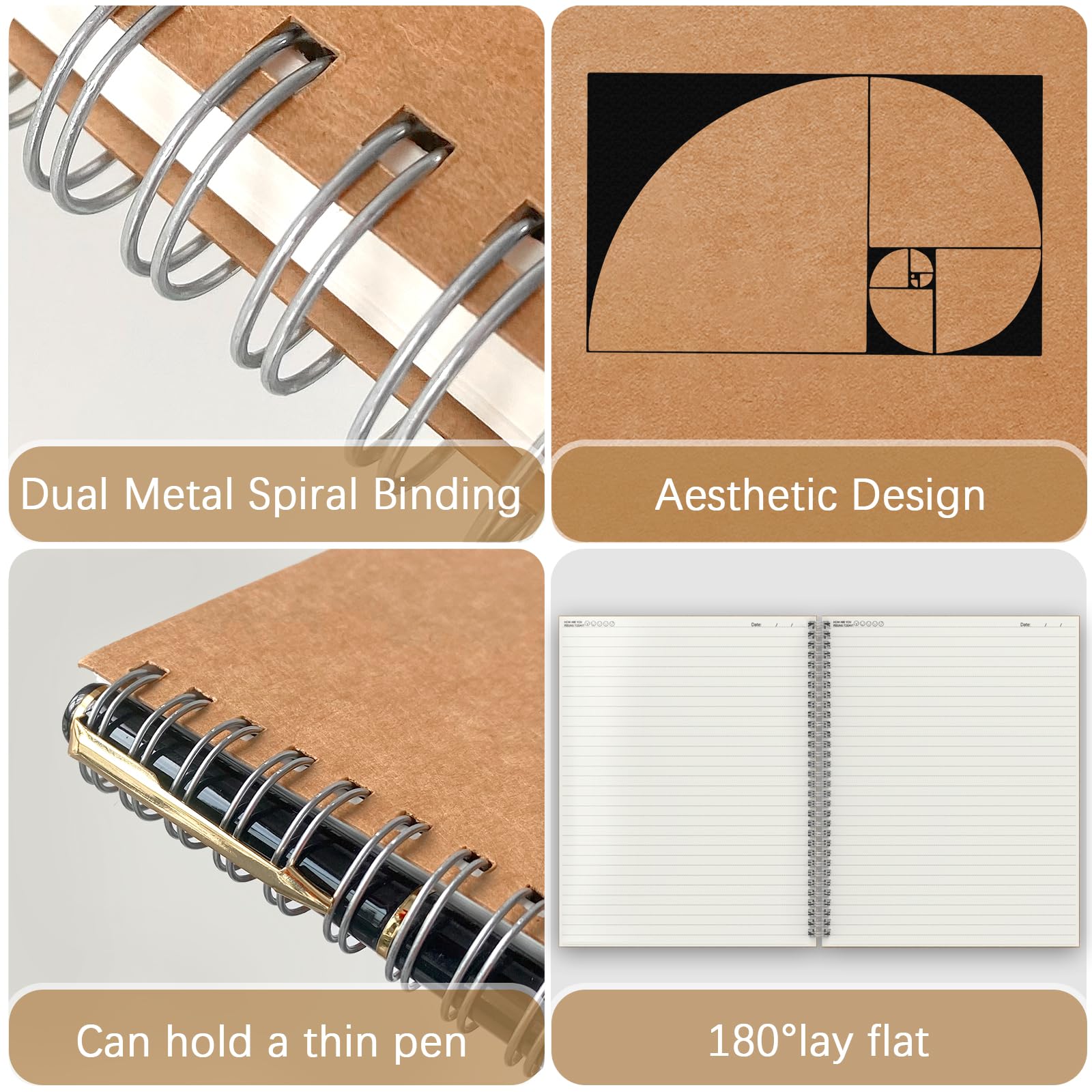 Mousbull Lot de 2 grands carnets à spirale lignés A4 pour écrire, 200 pages de 100 g/m² en papier épais ligné pour le travail, la classe, la prise de notes, le dessin – Couverture marron kraft, 21,6 x