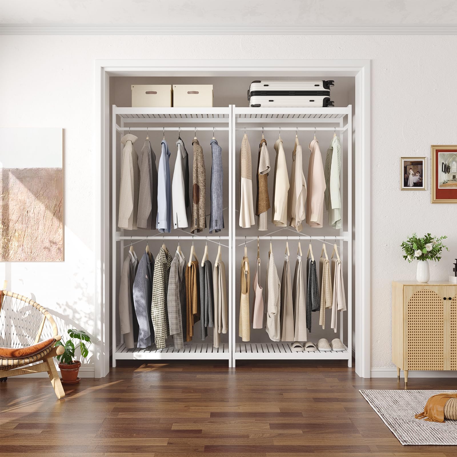 Homykic Bamboo Clothes Rack with Shelves and Double Hang Rods, 34”W x 79”H Portable Closet System Garment Rack for Hanging Clothes, Wood Clothing Rack for Walk In Closet Corner Laundry, White