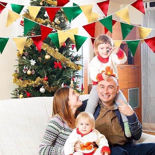 Miniatura 5 de Decoraciones de fiesta de Navidad, banderines triangulares, banderines de banderines de tela metálica, rojo, verde, dorado, guirnalda de banderines