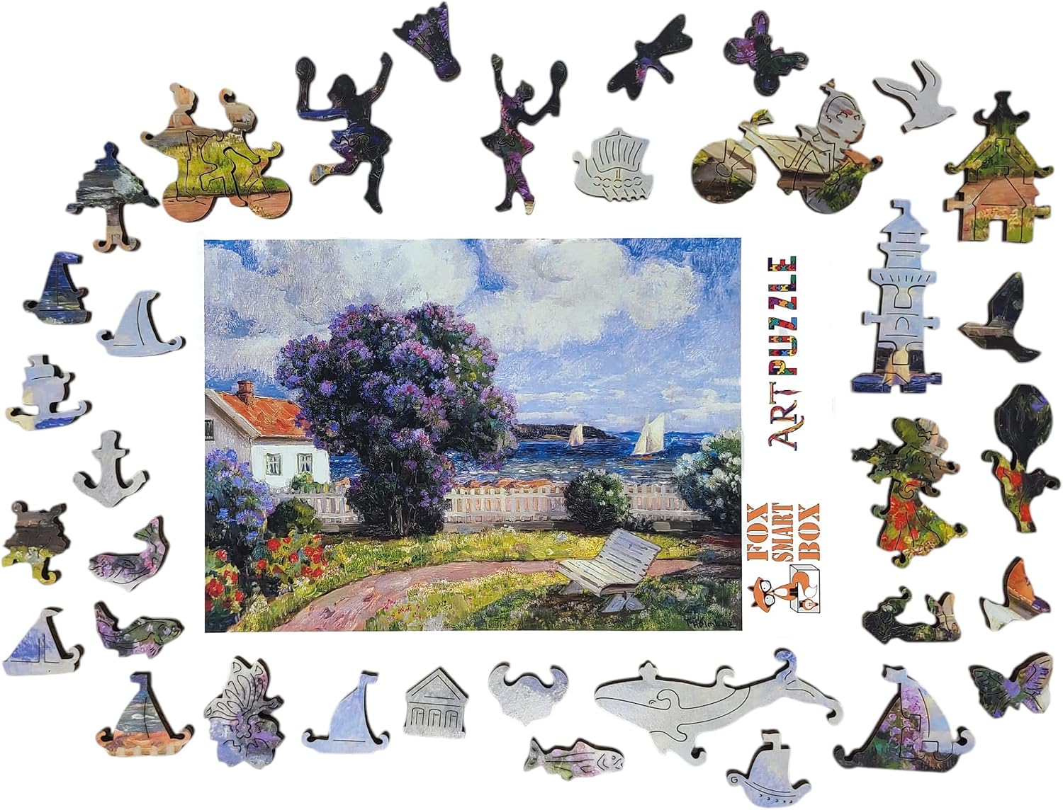 Large Format Wooden Puzzle for Adults and Seniors - Large Pieces Puzzle - Uniquely Shaped Pieces - Made in The USA by FoxSmartBox - 215 Pieces - Coast Landscape with Blossoming Lilac Bush