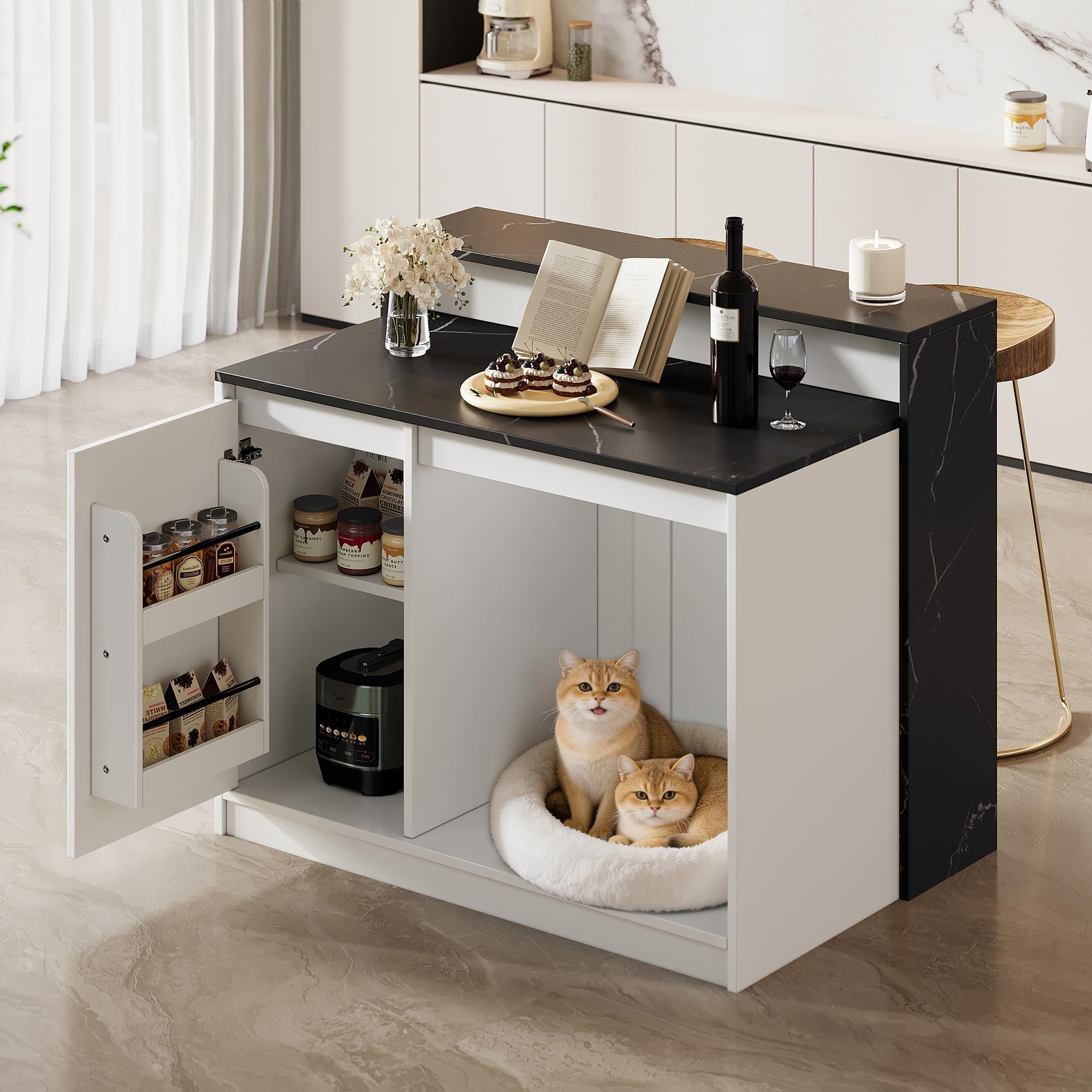 Mesa de cocina multifuncional para desayunos en barra y descanso integrado de mascotas