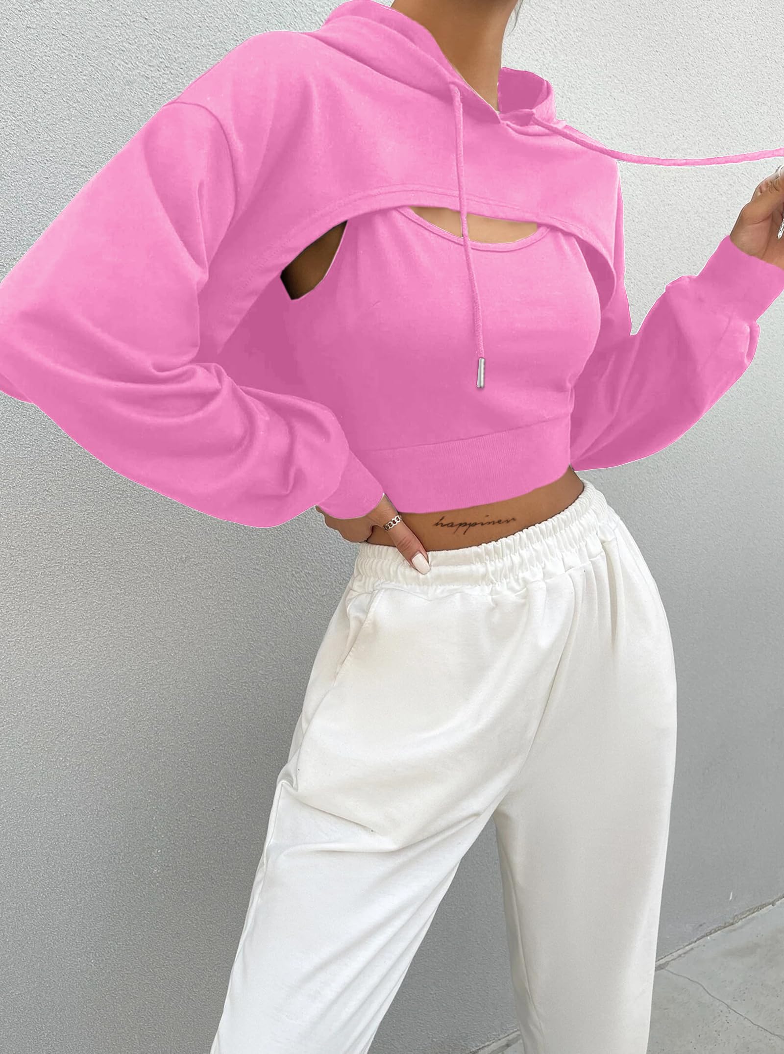 Hilinker Women's Long Sleeve Cropped Hoodie Workout Drawstring Super Crop Tops without Camisole