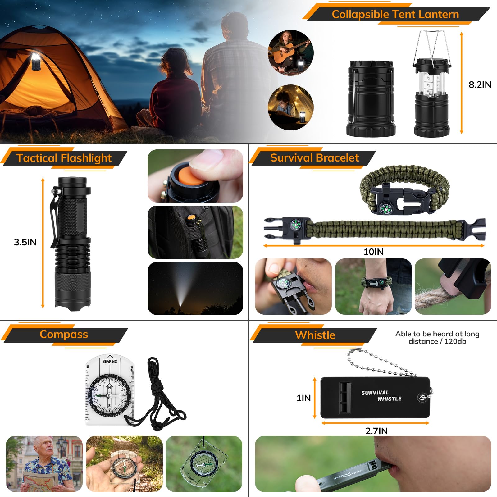 Kit de supervivencia, 250 herramientas de supervivencia, equipo táctico y bolsa de trauma, kit de primeros auxilios de supervivencia con bolsa cruzada Molle y tienda de campaña de emergencia para