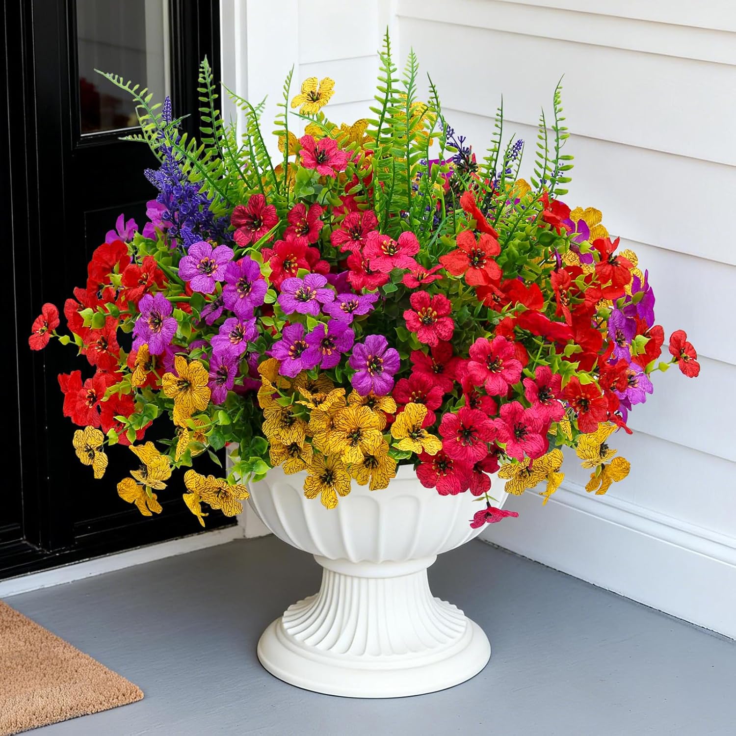 16 Bundles Artificial Fake Flowers for Outdoors, UV Resistant Silk Outdoor Plants for Hanging Planters Daisy Eucalyptus Leaves, Spring Faux Flower Decoration for Garden Yard Garden Decor