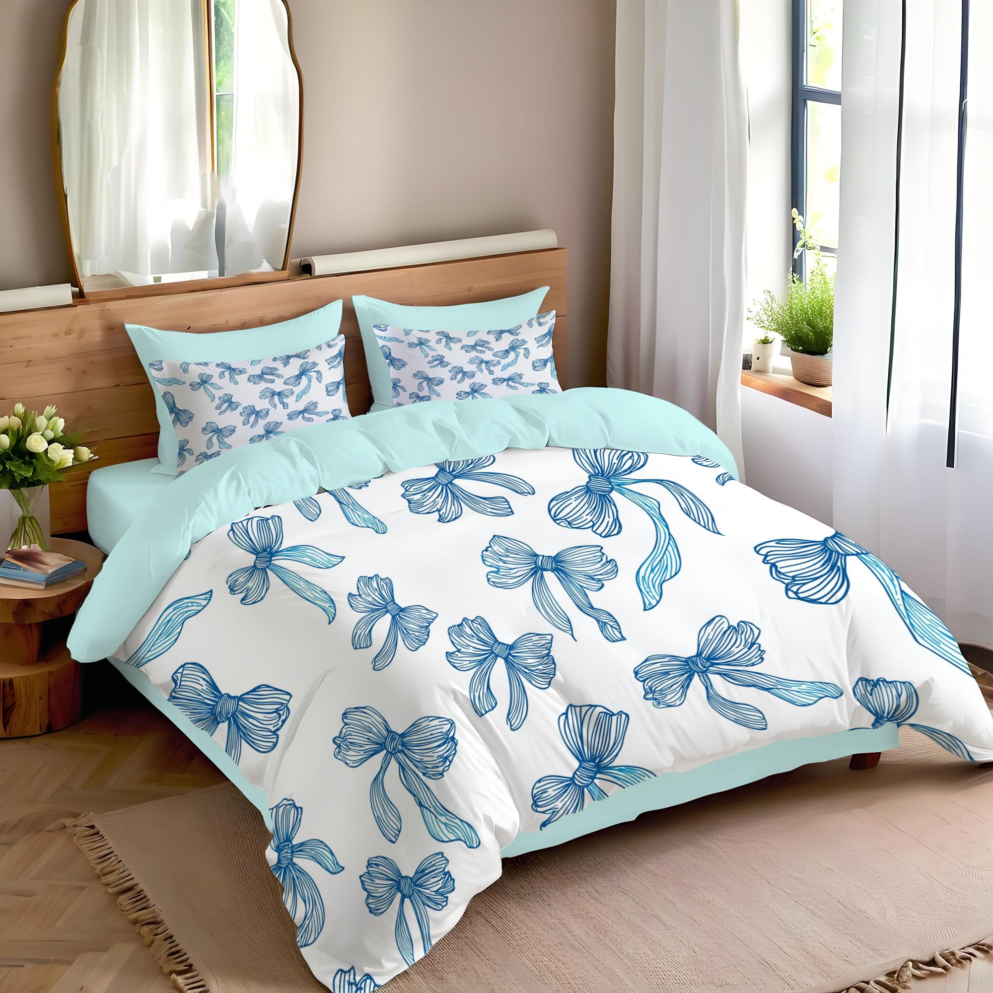 Completo Copripiumino 240X220Cmmatrimoniale, Set 3 Pezzi Con 2 Federe, Stampa Grazioso Fiocco Di Nastro, Microfibra Morbida Traspirante, Chiusura Con Cerniera, Linee Tracciate A Mano, Blu Bianco
