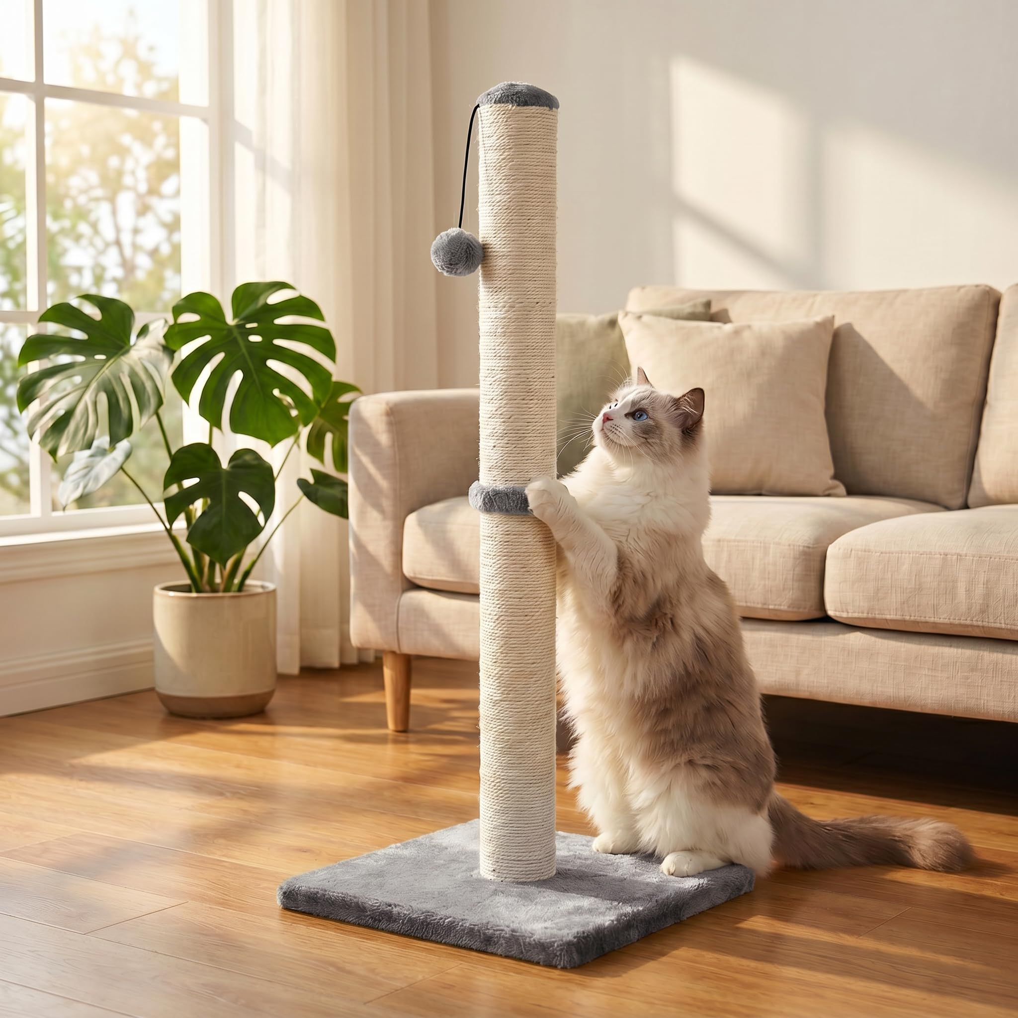 Dimaka Griffoir pour chat de 73,7 cm de haut, corde en sisal recouvert de peluche douce et lisse, griffure verticale [pleine strectch], design moderne de 73,7 cm de hauteur (gris)