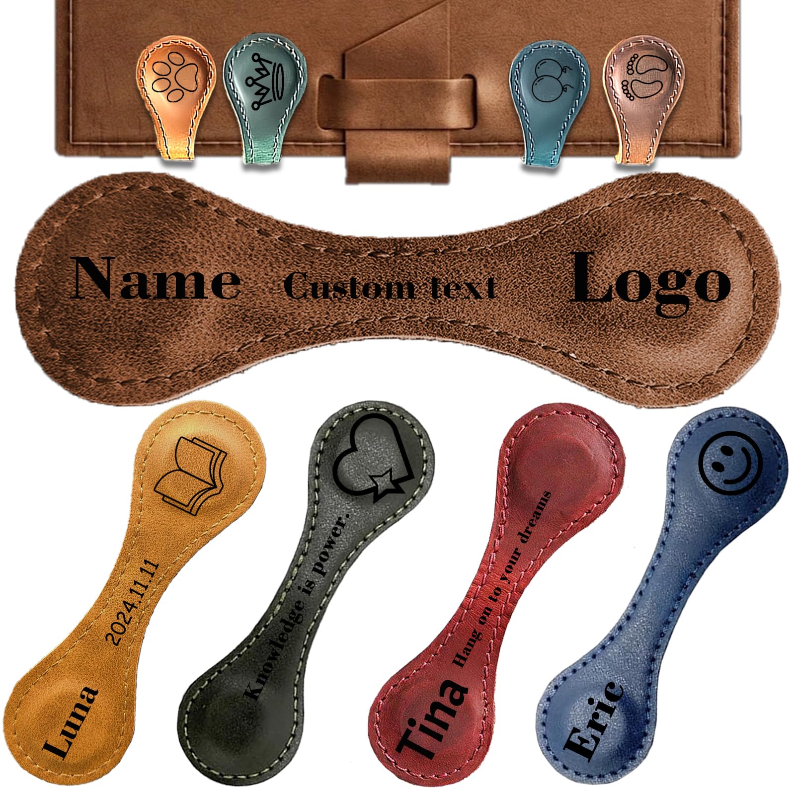 Personalized Leather Magnetic Bookmarks for Women, Engraved Name Initials Bookmark Book Marker Clips Customized Gifts for Readers, Book Lover 3.9x1.2in (A5)