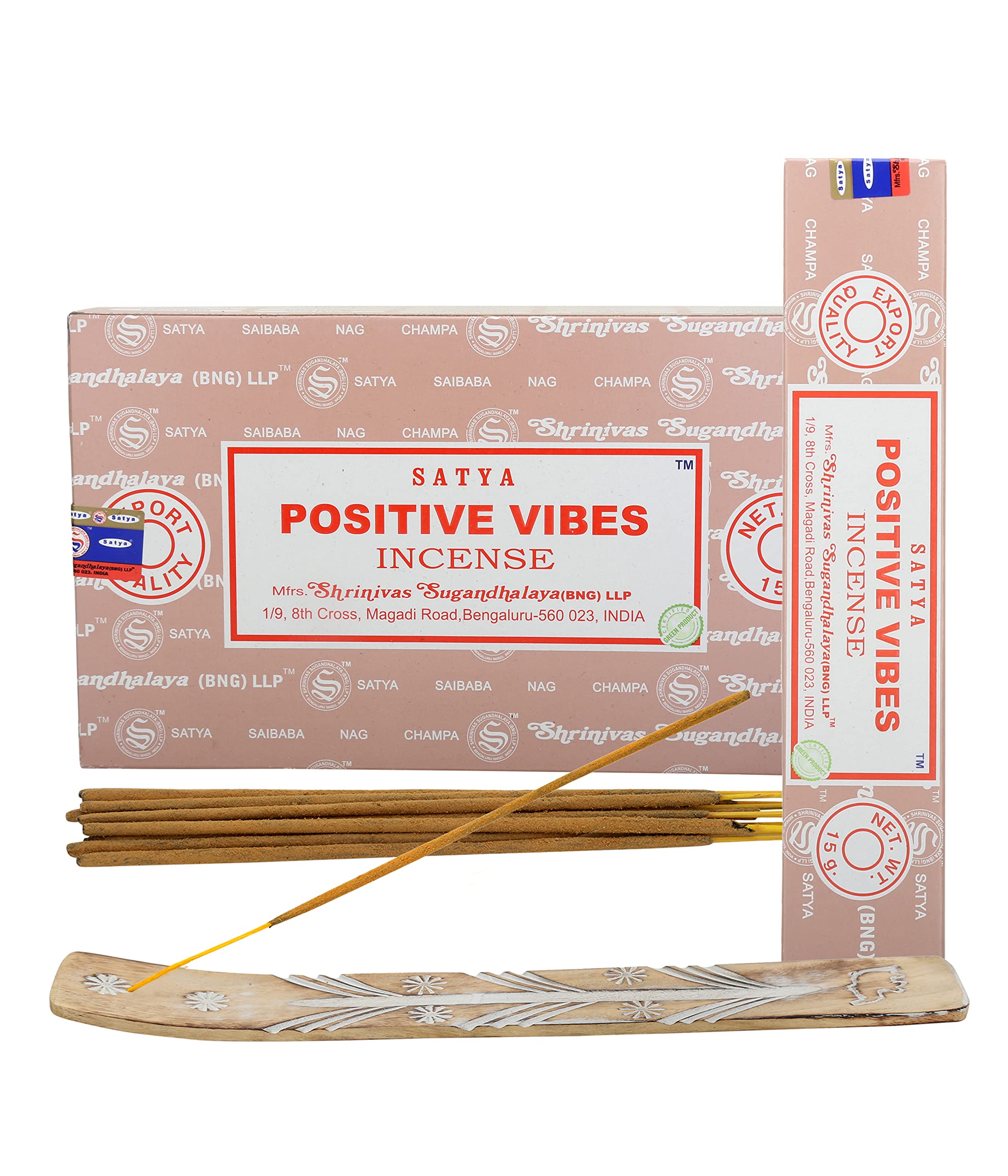 Satya Positive Vibes Incense Sticks, Satya Bng (Bangalore) Insenses 15gmx12 Pack with Raajsee Incense Holder Bundle, Satya Nagchampa Natural Incense