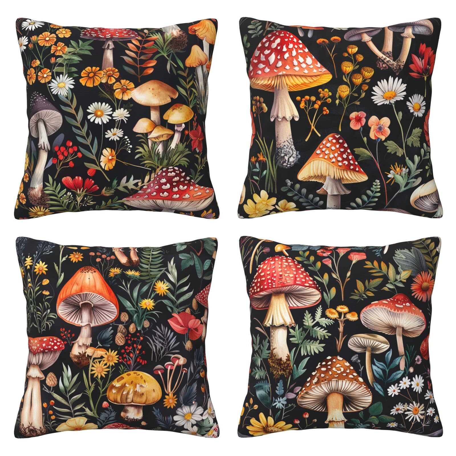 Bshuey Pillow Covers 18x18 Inch Set of 4 Forest Floral Mushroom Throw Pillow Covers Farmhouse Cushion Case Decor for Sofa Couch