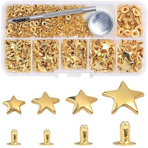 YORANYO 200 Set Mixed Size Leather Rivets Kit for Star Studs, Clothing, Fabric, Gold Color, Crafting, Repair & Decorate Jackets, Shoes, Bags, Belts, Purse - Star - Gold
