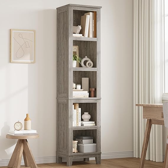 GarveeHome 71" Tall Bookcase w/Adjustable Shelves & 31.5" Width, 5 Tier Farmhouse Bookshelf with Wooden Legs, Rustic Vintage Book Shelf for Living Room Office Library (Brown, Narrow)