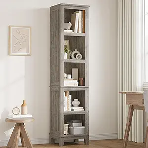 GarveeHome 71" Tall Bookcase w/Adjustable Shelves & 31.5" Width, 5 Tier Farmhouse Bookshelf with Wooden Legs, Rustic Vintage Book Shelf for Living Room Office Library (Brown, Narrow)