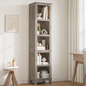 GarveeHome 71" Tall Bookcase w/Adjustable Shelves & 31.5" Width, 5 Tier Farmhouse Bookshelf with Wooden Legs, Rustic Vintage Book Shelf for Living Room Office Library (Brown, Narrow)