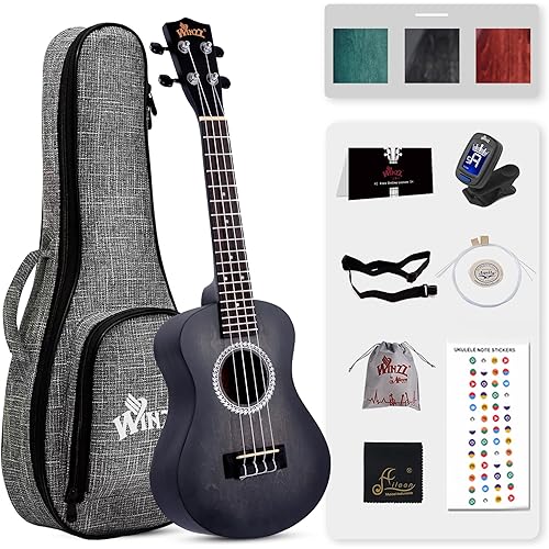 WINZZ HAND RUBBED Series - Concert Ukulele Vintage Hawaiian with Bag, Tuner, Strap, Extra Strings, Fingerboard Sticker, 23 Inches, Black