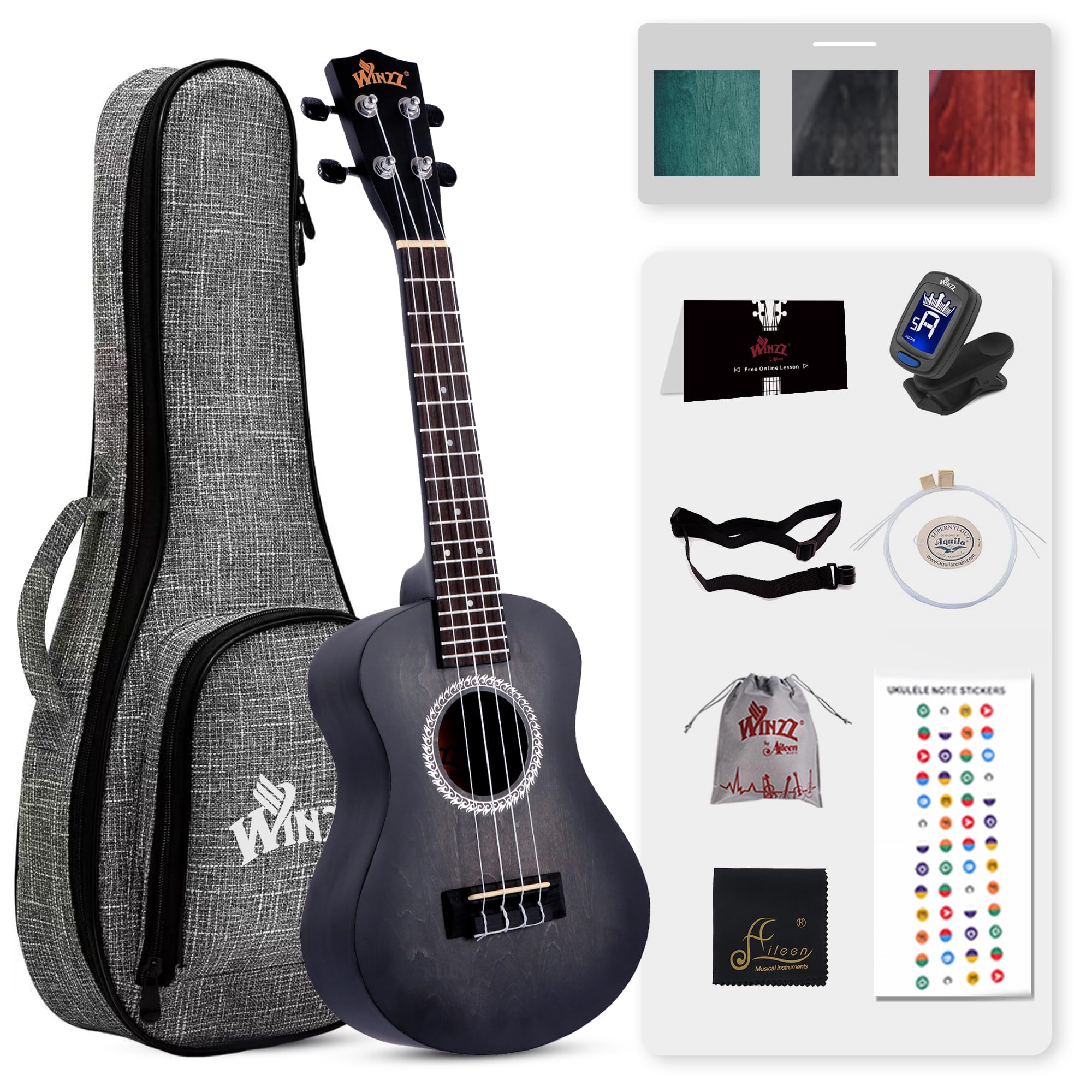 WINZZ HAND RUBBED Series - Concert Ukulele Vintage Hawaiian with Bag, Tuner, Strap, Extra Strings, Fingerboard Sticker, 23 Inches, Black