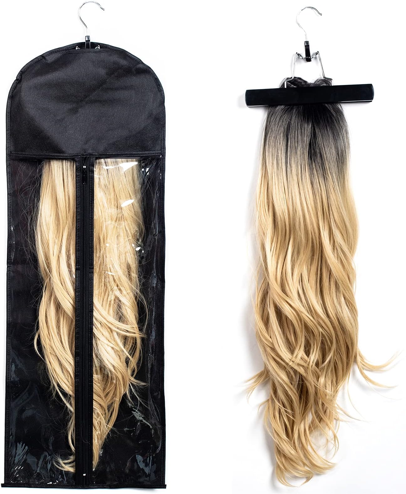 1 Pack Extra Long Hair Extension Holder Wig Storage Bag with Hanger Hairpieces Ponytail Bundles Storage Carrier Case for Store Style Hair Travel Hair Extensions Bag Black Color