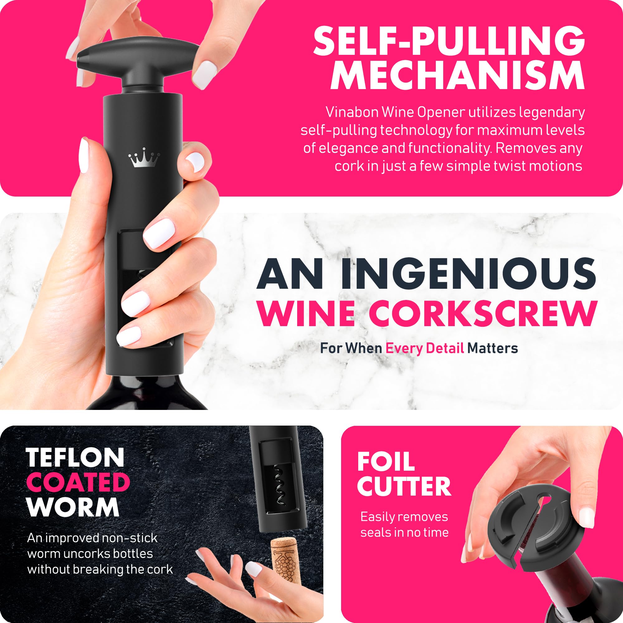 VINABON Abridor de vino autotirante, sacacorchos 2 en 1 de calidad profesional con cortador de papel de aluminio para vino, sacacorchos manual de fácil giro para botellas de vino, incluye libro