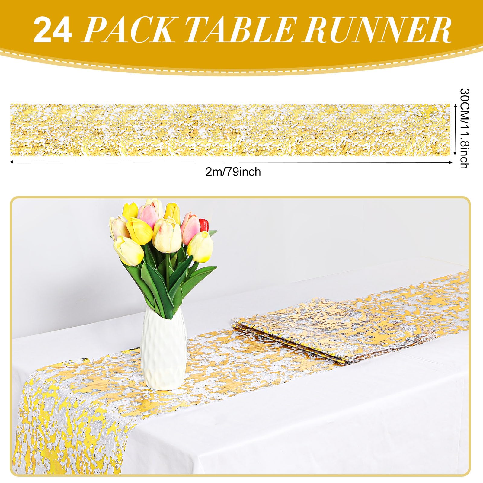 Newwiee 24 caminos de mesa metálicos delgados de 11 x 79 pulgadas, tela de malla con purpurina, manteles rectangulares de mesa de comedor, decoración para boda y cumpleaños (dorado)