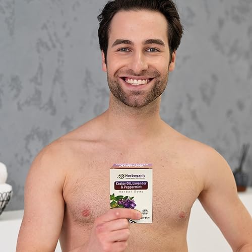 Miniatura 7 de Jabón de hierbas de aceite de ricino, lavanda y menta, jabón en barra natural para rostro y cuerpo, calma la piel seca, infundido con aceite de