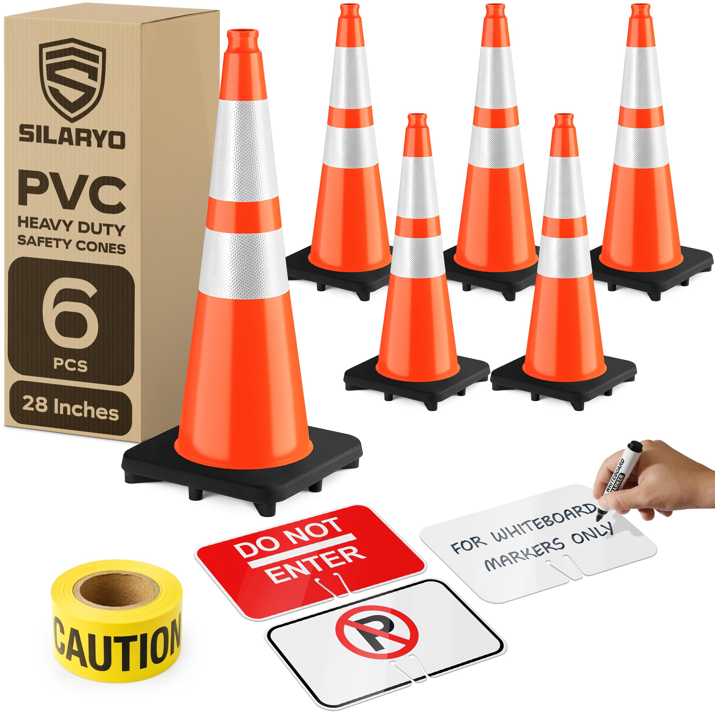 Photo 1 of (6-Pack) SILARYO 28 Inch Traffic Cones | 330-Ft Caution Tape & 3 Attach-on Signs | Heavy-Duty Orange Traffic Cones | Tall & Large Traffic Safety Cones for Construction - PVC, Anti-Skid, -20°F to 130°F