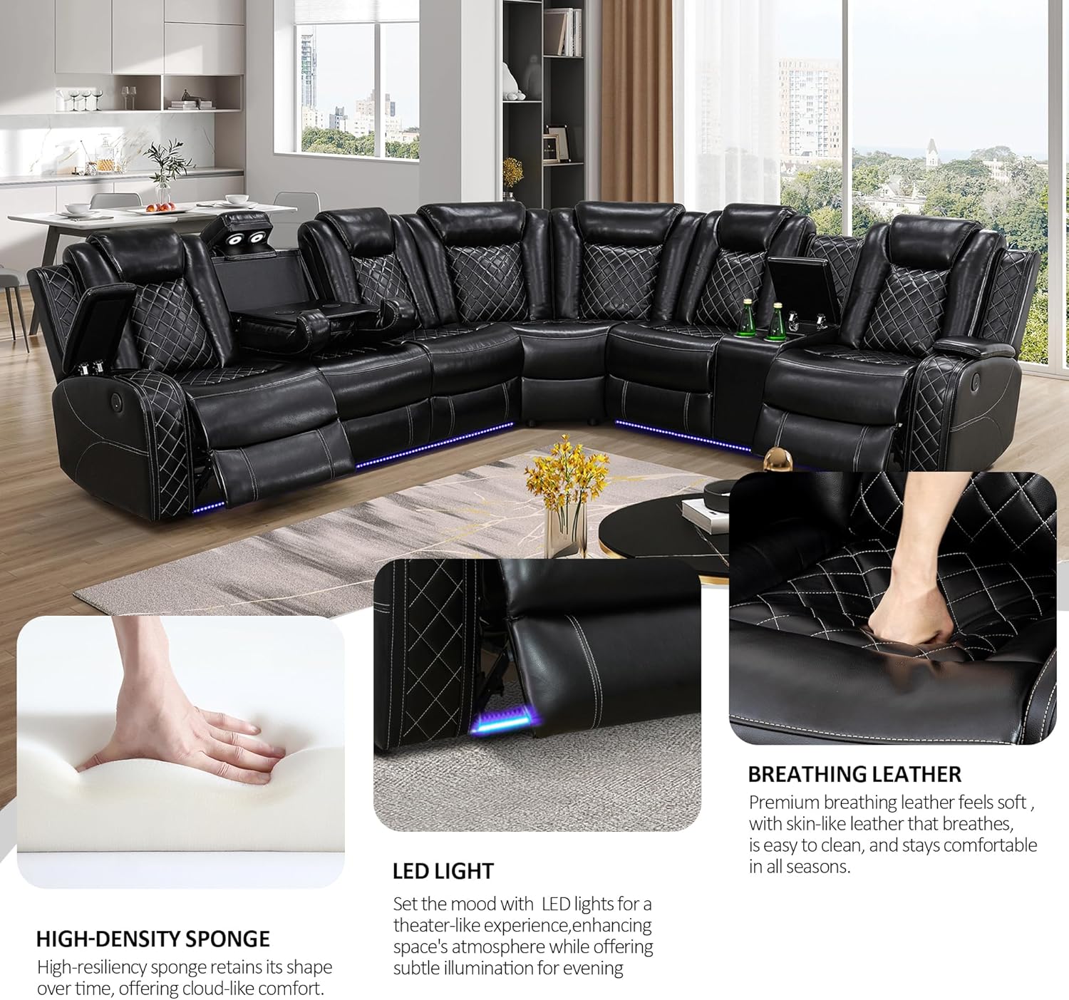 Reclining Sectional Couch for Living Room,Power Recliner Sofa with LED Light,Leather Sectional Couch with USB Port,Black Leather Couch for Living Room Sets Furniture,Home Theater Seating,RV(L Shape)