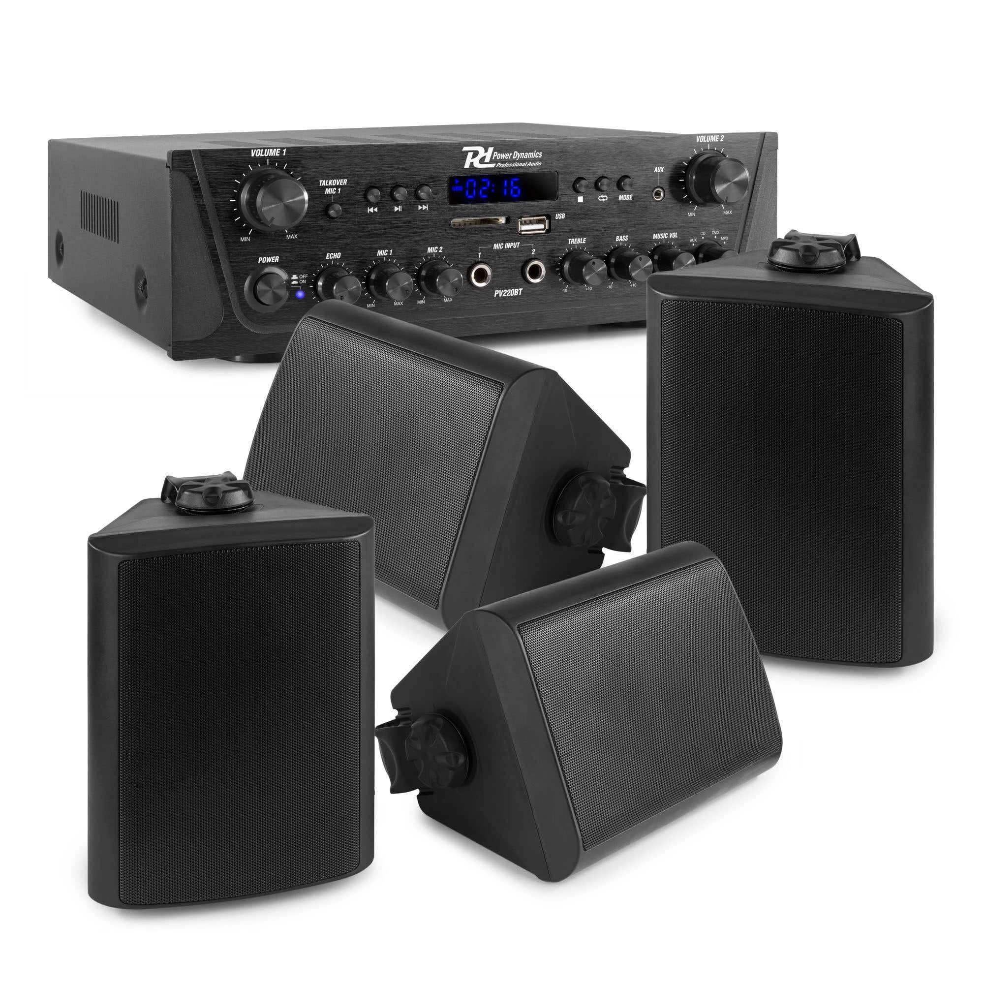 Power Dynamics PDC85 Beschallungsanlage - HiFi Boxen, Verstärker & Kabel - 4 Professionelle Lautsprecher Bluetooth Soundsystem, In- & Outdoor, Wetterfest,Wandmontage, USB/SD, wasserdicht - Schwarz