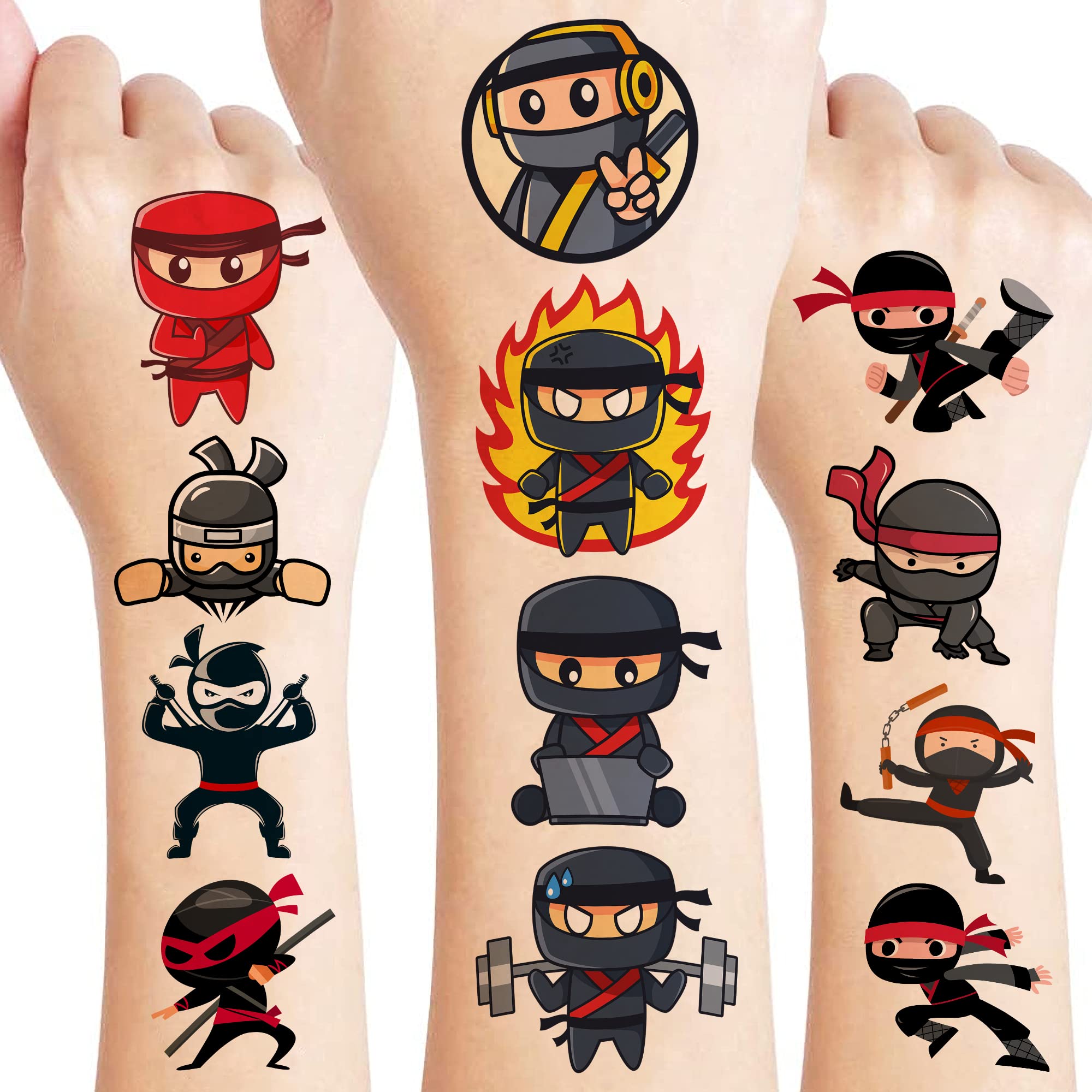96 PCS Ninja Pre-Cut Temporary Tattoos for Kids Birthday Themed Party Supplies Decorations Favors 8 Sheets Decor Super Cute Cartoon Stickers Tattoo Gift for Boys Girls Carnival Rewards