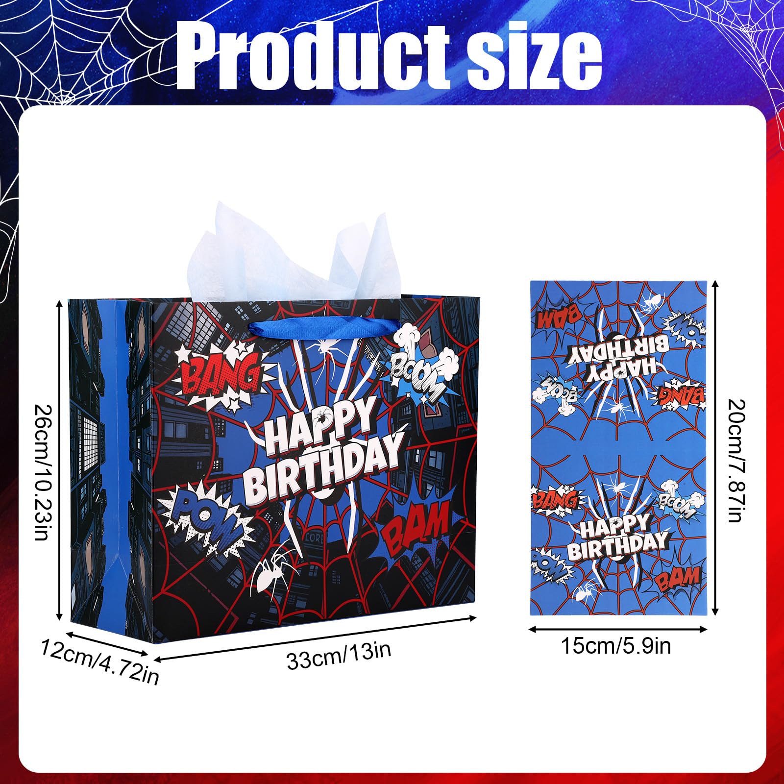 Spider Theme Party Gift Bag, Cartoon Spider Web Birthday Bag with Card & Wrapping Paper for Men Kids Birthday Party Celebration Supplies