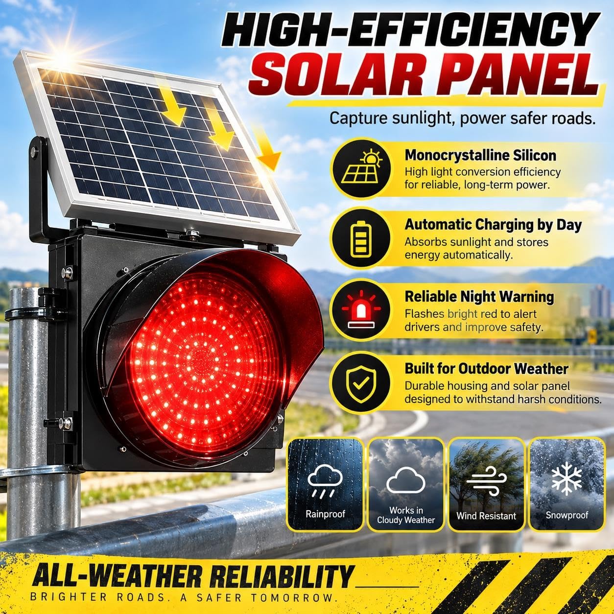 Balise Clignotante Solaire À LED, Feu De Circulation 12/16 Pouces