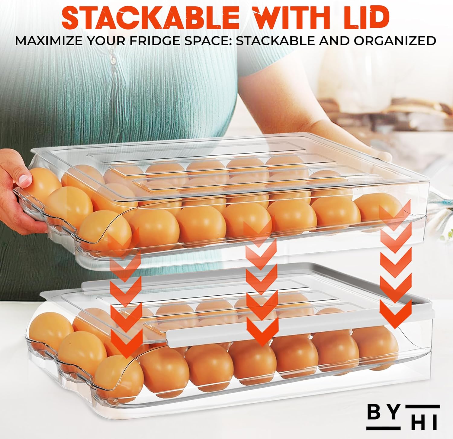 36 Eggs Holder for Fridge - Automatic 2 Tier Egg Organizer for Space-Saving and Fresh Storage - BPA Free