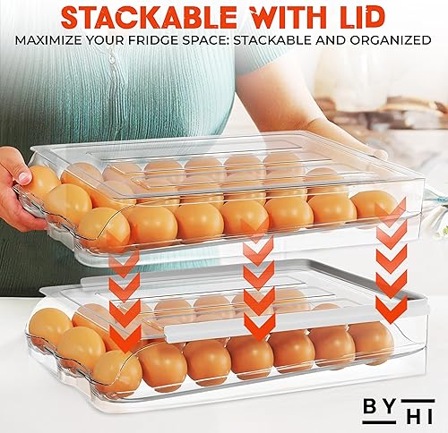 Miniatura 4 de Soporte para 36 huevos para refrigerador, organizador automático de huevos de 2 niveles para ahorrar espacio y almacenamiento fresco, sin BPA