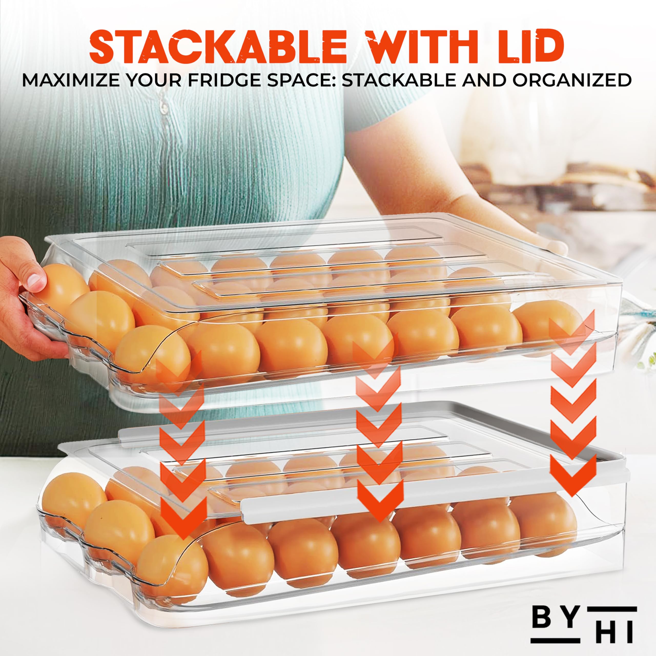 Soporte para 36 huevos para refrigerador, organizador automático de huevos de 2 niveles para ahorrar espacio y almacenamiento fresco, sin BPA 4