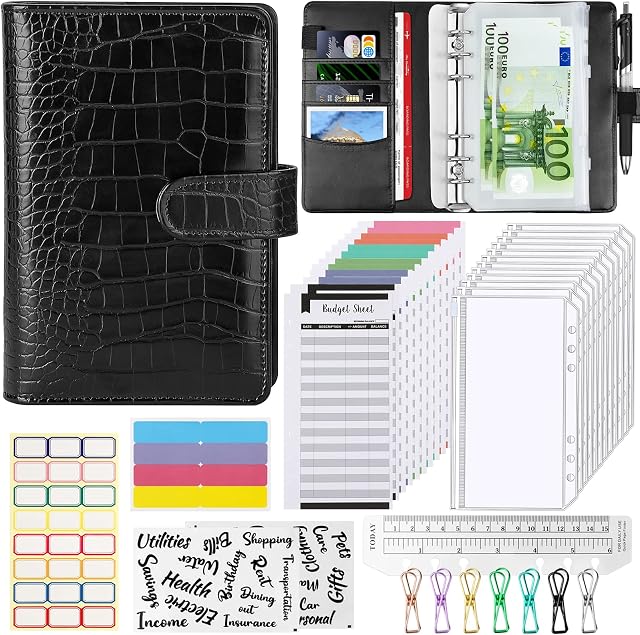 A6 Budget Binder Notebook Money Saving Wallet Set 37Pcs Budget Planner with Cash Envelopes Cash Binder for Trips and Diary (Black)