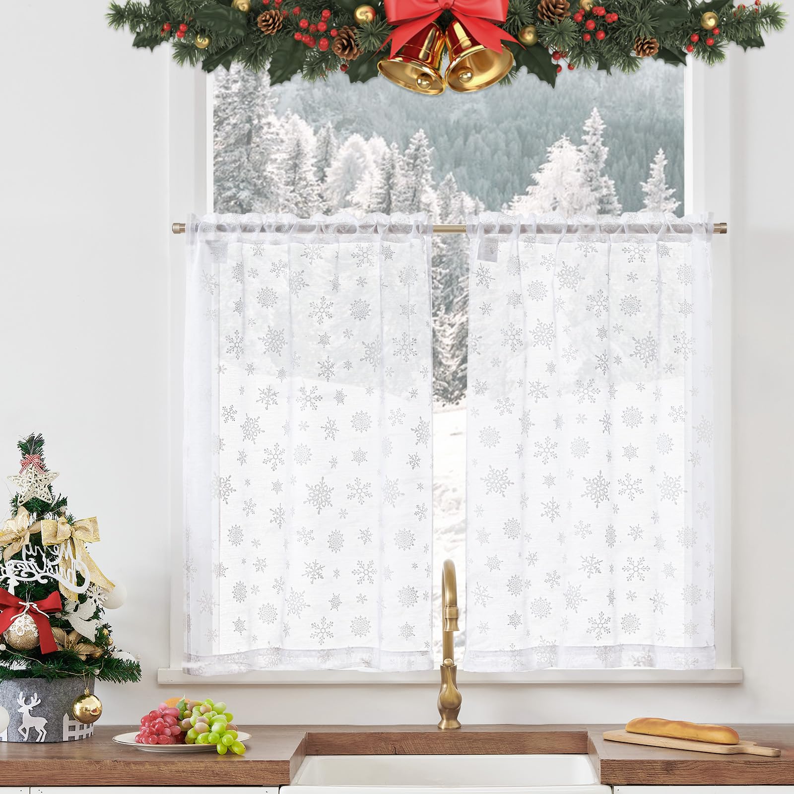 TOPICK Navidad Sheer Visillos con cordón, copo de nieve, cortina de ventana de bistrógina, con filtro de luz, cortina corta de cocina para dormitorio, habitación infantil, 65 x 60 cm (ancho x alto),