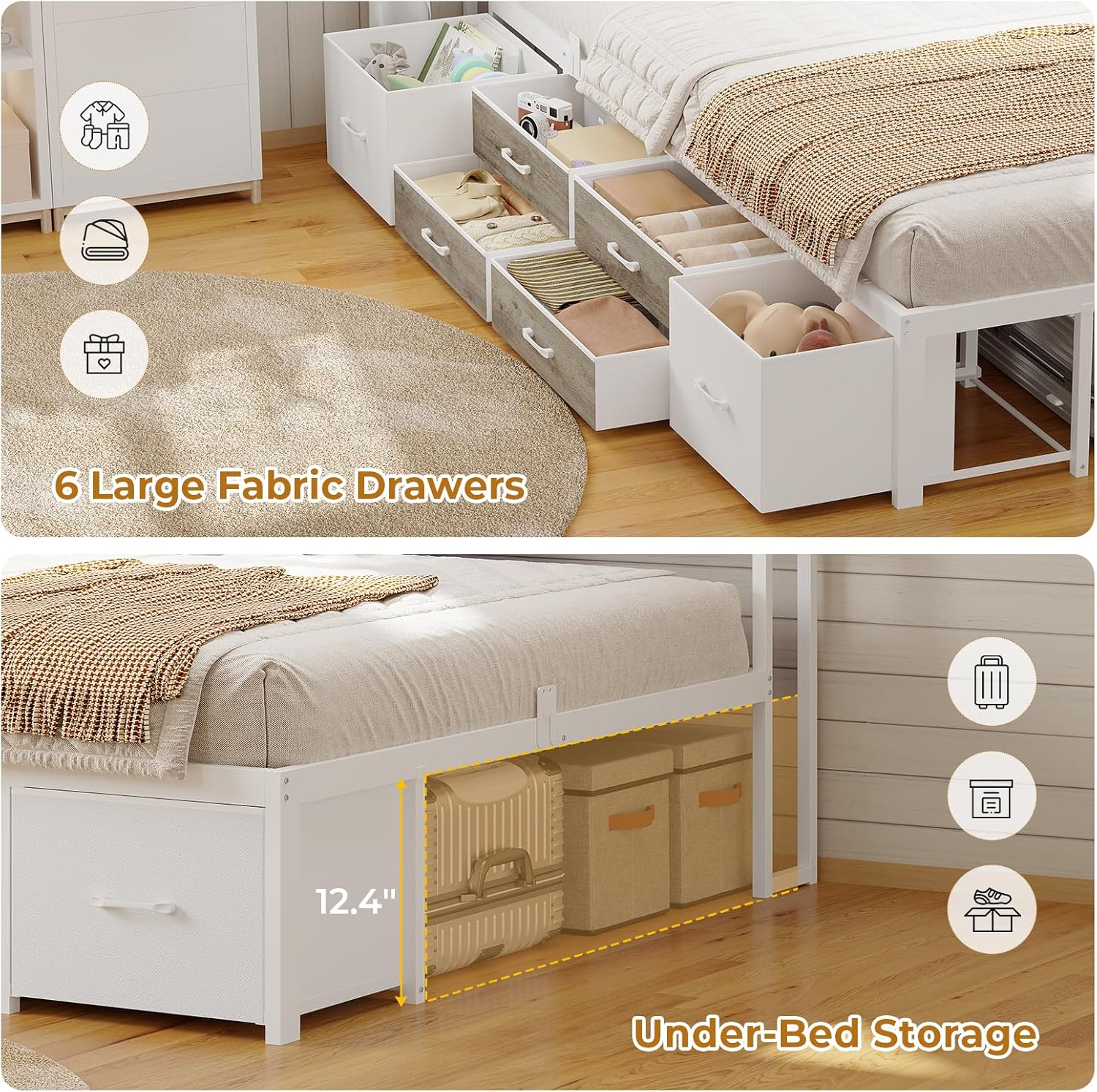 An overhead view of the bed frame showing six fabric drawers pulled out, filled with various items like clothes and toys, and additional storage space under the bed.