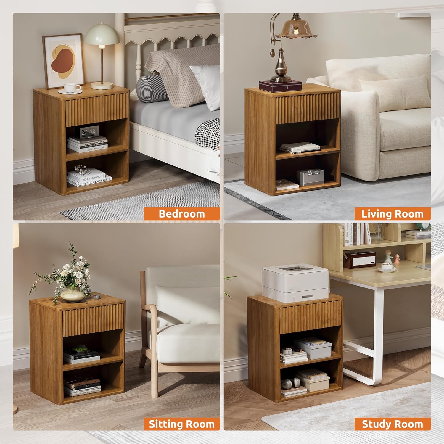 Nightstand Bedside Table Storage Drawer - Large Mid Century Modern Night Stand with Fluted Wood Storage Drawer and Open Shelf Bed Side Table for Bedroom Study Room, Walnut Brown