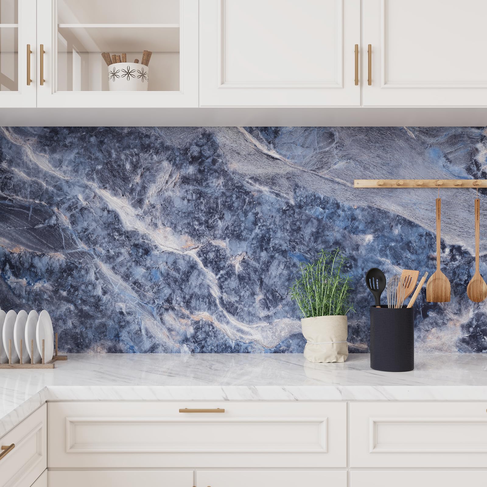 VEELIKE Magische Blaue Marmor Tapete Selbstklebend Möbelfolie Marmor Folie für Arbeitsplatte Küche Badezimmer 40cm × 300cm Klebefolie Marmoroptik Blau Matt Marmortapeten Wand Esszimmer Schlafzimmer