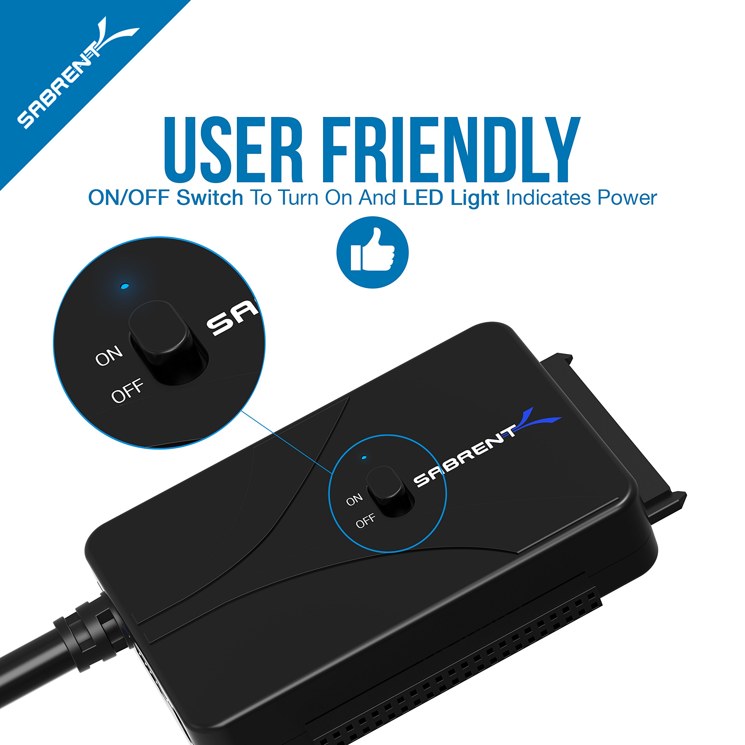SABRENT Adaptateur USB SATA (3 en 1) Ultra-Rapide 5 Gbps Cable SATA to USB C vers SSD/HDD/IDE 2.5", 3.5" et 5.25", Lecteur Disque Dur avec Alimentation, Prise en Charge de 10To (USB-DS12)
