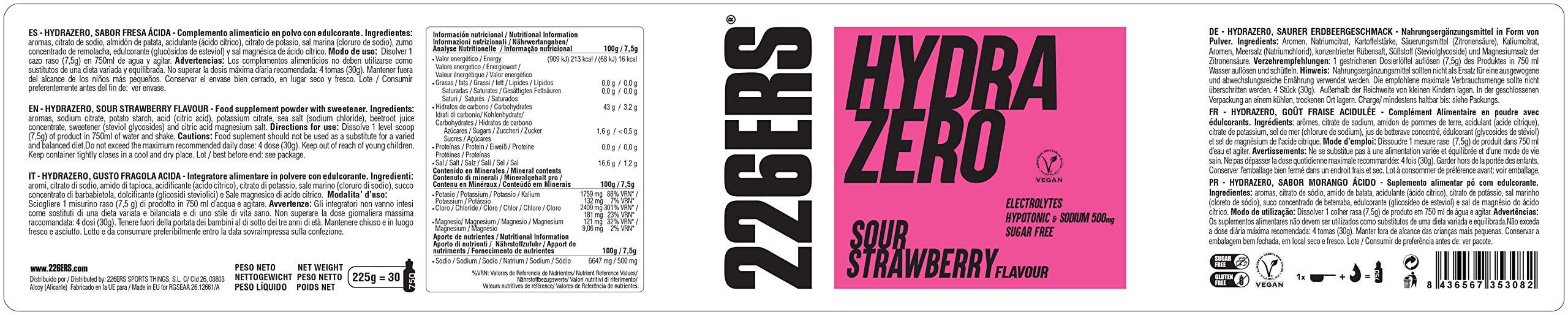 226ERS Hydrazero, Hypotonisches Elektrolyt-Pulver, Saure Erdbeere, 225 g
