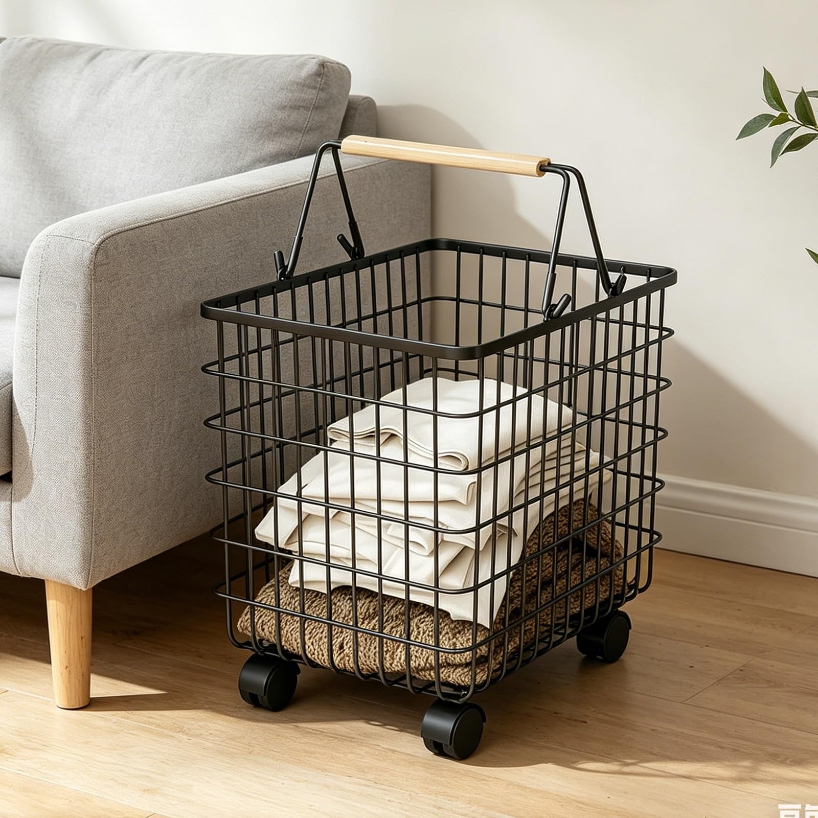 Folding Laundry Basket Household Storage Metal with Wheels,Rolling Hamper with Handle,Openwork Design,Clothes Sorter Trolley Shelf