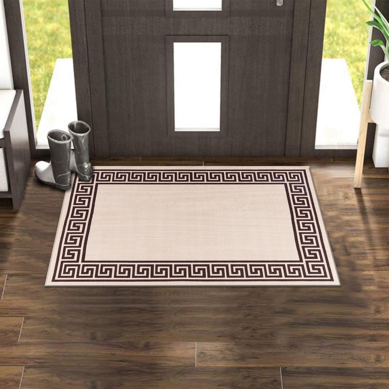 renoazul® Non-Slip Washable Large Entrance Doormat - 66 x 120 cm Outdoor and Indoor Dog Muddy Paws Floor Protector, Hallway, Bath and Kitchen Anti-Slip Mats - Greeky Rug - Beige & Brown — image 1