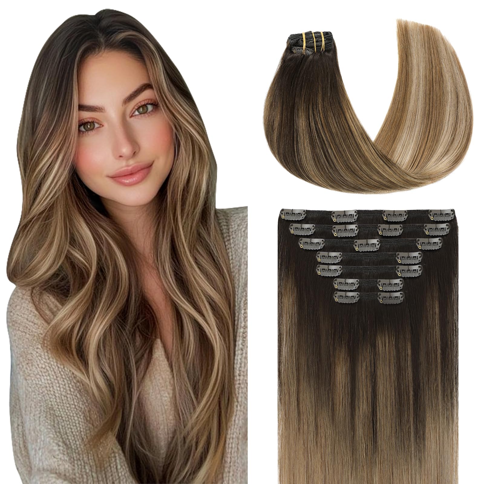 Youngsmile Clip in Hair Extensions Human Hair 18Inch 7Pcs 160g, Brown Fading to Ash Brown Highlight with Medium Blonde Balayage Human Hair Extensions