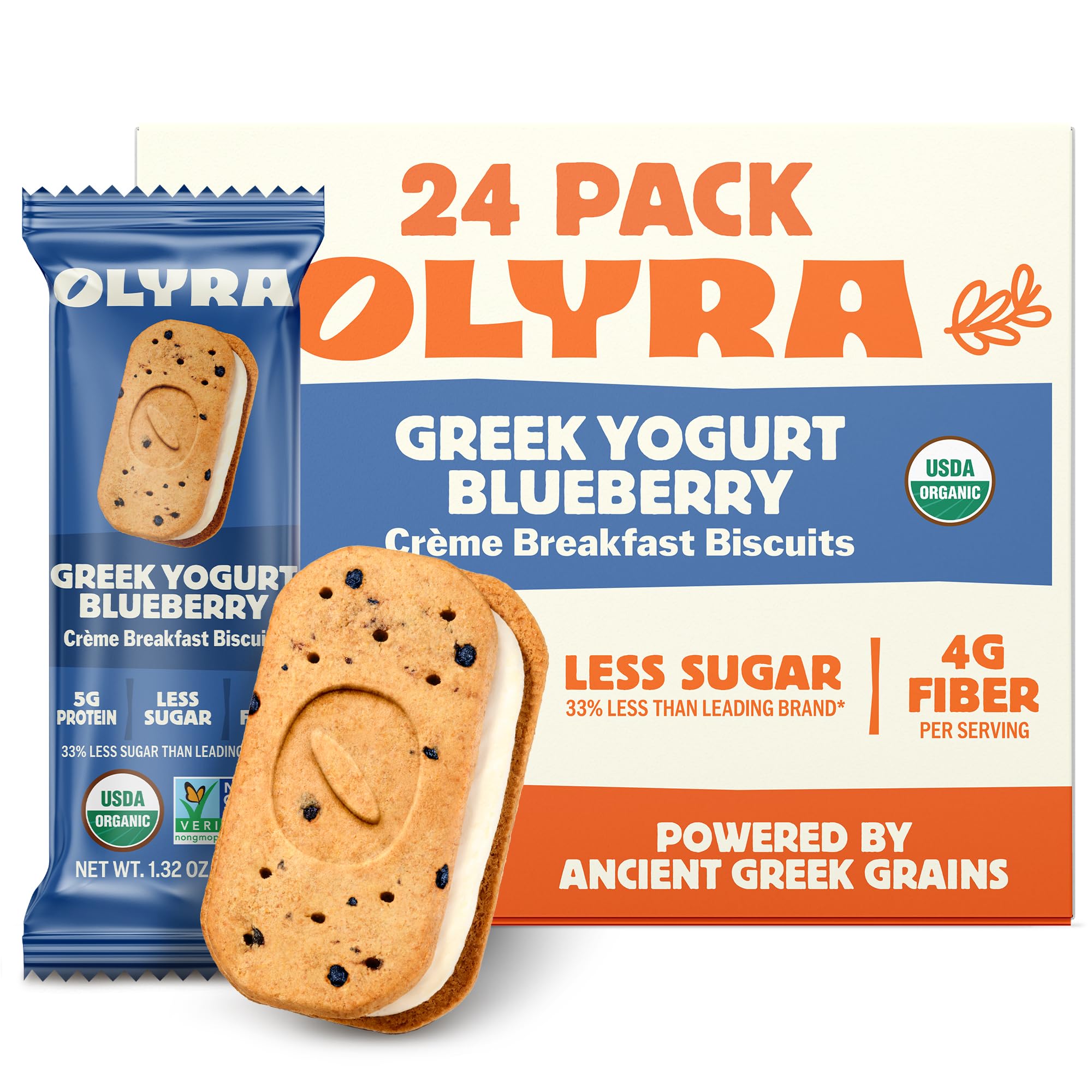 Olyra Greek Yogurt Blueberry Sandwich Breakfast Biscuits, Healthy Snacks for Adults and Kids, Low Sugar, High Fiber, Organic Cookies, USDA Certified Organic, Non GMO, 24 Packs