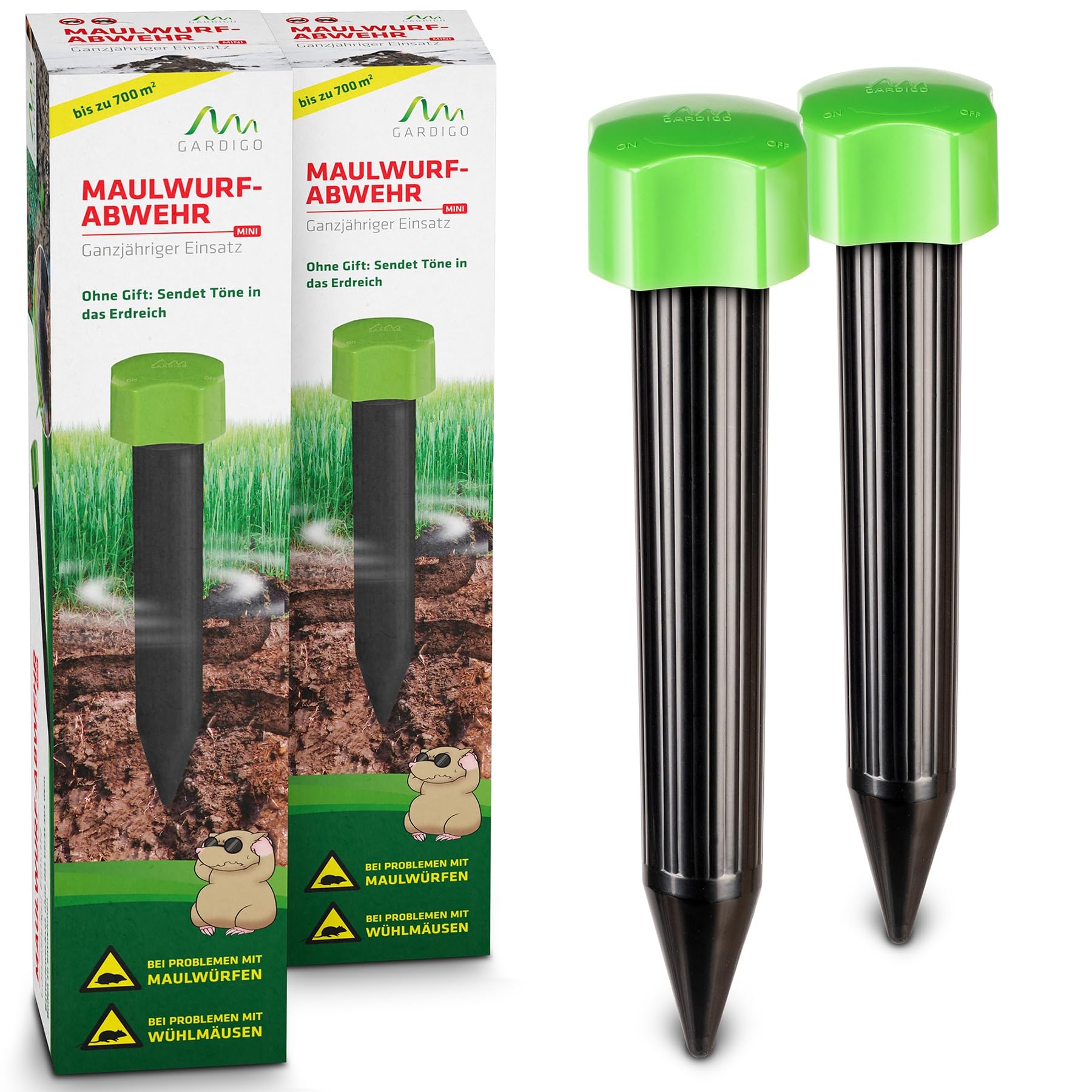 Gardigo® 2 Ahuyentadores de Topos I Antitopos para el Jardín I Alcance de hasta 700 m² I Fácil Uso y Cambio de Pilas