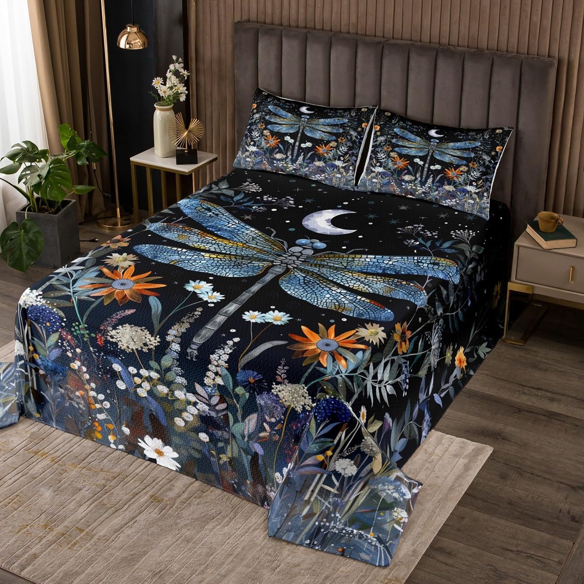 Erosebridal Kids Queen Size Dragonfly Quilt Set,Starry Sky Coverlet Set for Boys Teens Women Bedroom Decor, Wild Flower Bedspread Set Boho Floral Galaxy Bed Set 3 Piece with 2 Pillow Cases