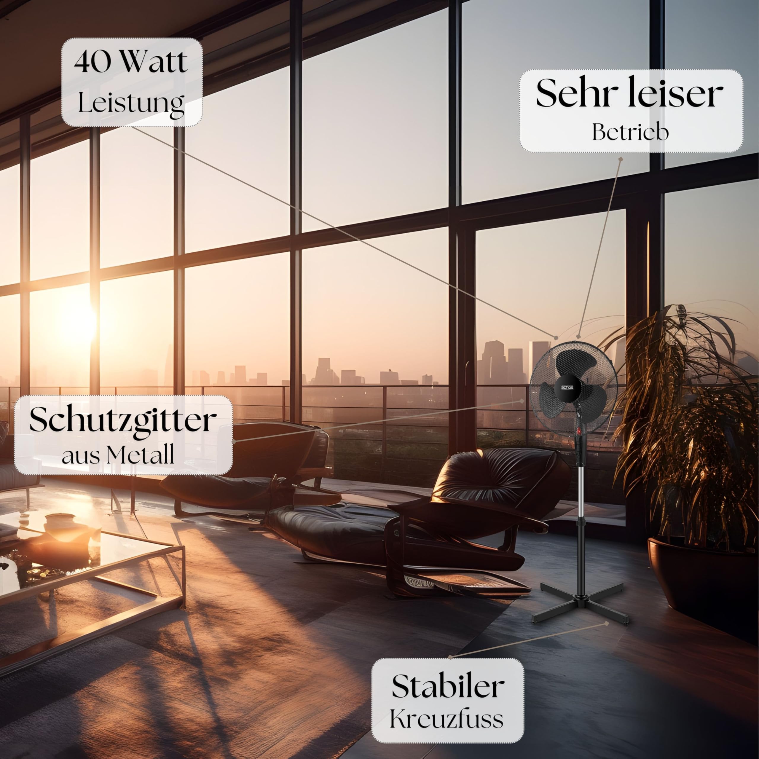 Echos® Standventilator Ø43cm kraftvoller Ventilator sehr leise energiesparend hoher Luftdurchsatz 3 Stufen Oszillationsfunktion 90° höhenverstellbar Bodenventilator mobiler Luftkühler Standlüfter