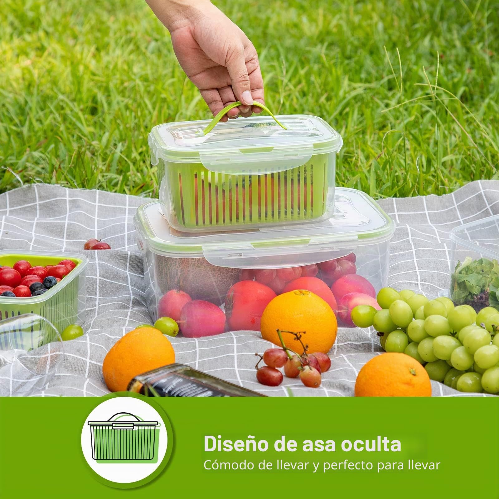Luxear Juego de 5 Recipientes de Alimentos Nevera con Colador y Tapa, Verde | Recipientes de Almacenamiento Fresco, Contenedor de Plástico sin BPA para Ensalada Verduras Frutas Queso, Lavavajillas