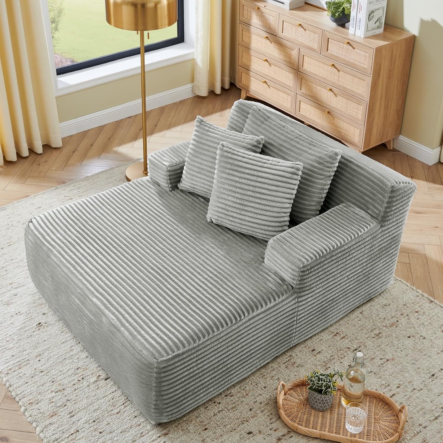 KEIKI Corduroy Chaise Lounge Sleeper Chair with Pillow, Single Cloud Couch Oversize Lounger Lazy Sofa Bed Recliner for Living Room Bedroom Office, Grey
