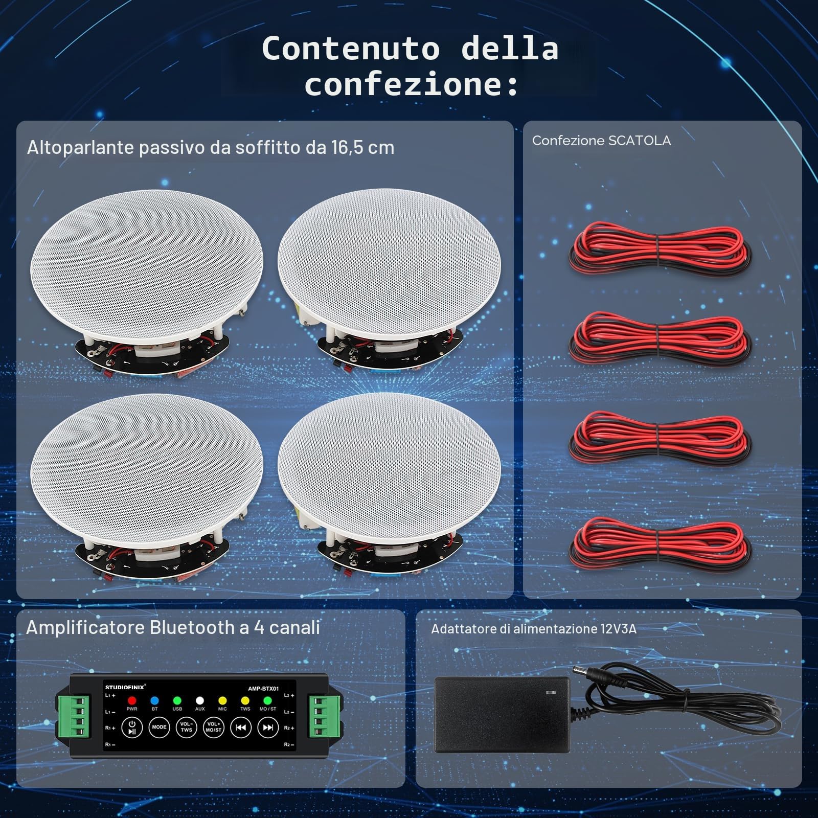 STUDIOFINIX 6,5-calowy głośnik sufitowy Bluetooth 600W - System nagłośnienia wewnętrznego do domu (4 szt.)