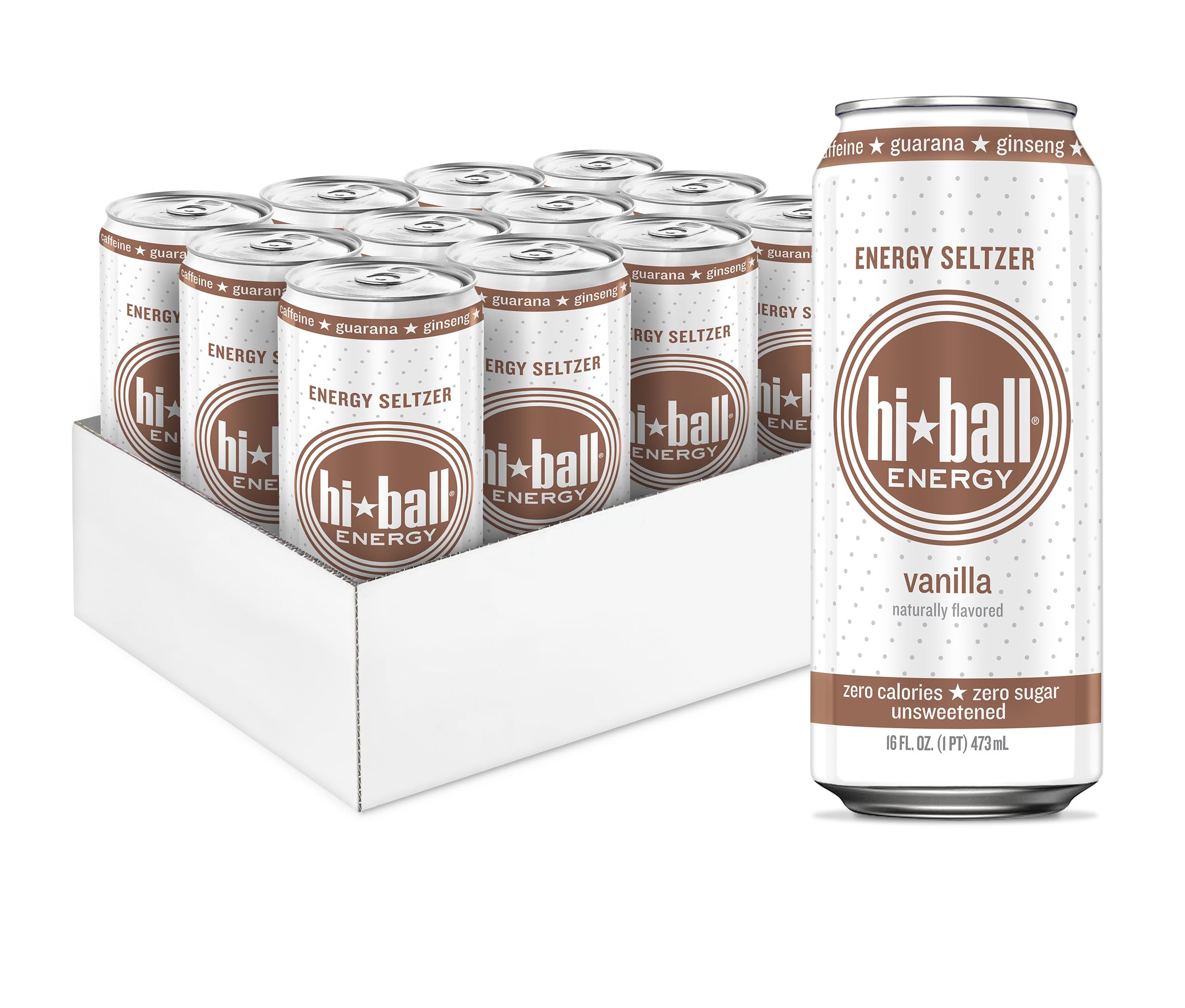 Hiball EnergyVanilla Seltzer Drink, Zero Sugar and Calorie, 16 Fl Oz Cans, 8 Count